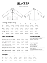 Load image into Gallery viewer, Blazer sewing pattern with measurements, fabric requirements, and skill level information.