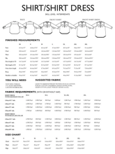 Load image into Gallery viewer, Shirt/Shirt Dress sewing pattern with measurements, fabric requirements, and skill level information.