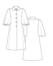 Load image into Gallery viewer, Front and back line drawings views of Tangier Coat version 2 with cape sleeves
