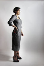 Load image into Gallery viewer, Lady wears a sweetheart neckline dress, with two-seamed 3/4 length sleeves, and pencil skirt