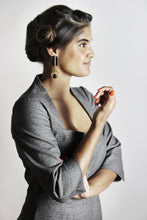 Load image into Gallery viewer, Close up detail of lady wearing a sweetheart neckline dress, with two-seamed 3/4 length sleeves