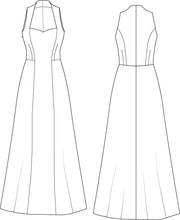 Load image into Gallery viewer, Line drawing of Version 2 Marrakesh sleeveless dress with A-line skirt, front and back view