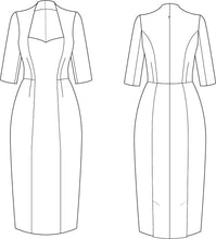Load image into Gallery viewer, Line drawing of Version 1 Marrakesh two seamed sleeve, sweetheart neckline dress with pencil skirt, front and back view