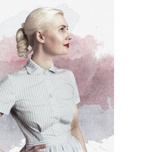 Load image into Gallery viewer, Lady wears a short sleeve button up shirt with rounded collar, with waist to bust darts