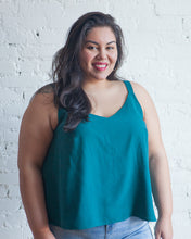 Load image into Gallery viewer, Lady wears The Ogden Cami from True Bias, a v-neck camisole with 3/4 inch wide straps.