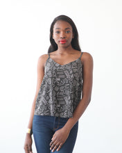 Load image into Gallery viewer, Lady wears The Ogden Cami from True Bias, a v-neck camisole in a busy pattern print