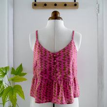 Load image into Gallery viewer, Strappy vest top with button front and peplum displayed on mannequin, made with modal fabric