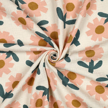 Load image into Gallery viewer, Pattern print of large flower motifs on natural base organic cotton double gauze fabric, shown with central swirl