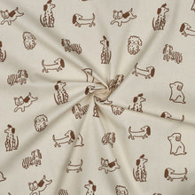 Load image into Gallery viewer, Pattern of illustrated dogs on natural background; print on organic cotton poplin fabric. Shown with central swirl