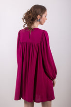 Load image into Gallery viewer, Back view of model wearing loose-fitting dress. Gathered sleeves and gather detail into yoke