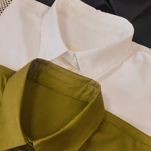 Load image into Gallery viewer, Three folded shirts fan-layered out to display collars, made in 3 different coloured Oxford Cotton Fabrics