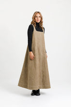 Load image into Gallery viewer, Lady wears full length dress with low square scoop neckline over a long sleeve polo top