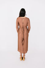 Load image into Gallery viewer, Back view of lady wearing long sleeved dress with waist belt ties
