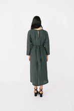 Load image into Gallery viewer, Back view of lady wearing long sleeved dress with waist belt ties