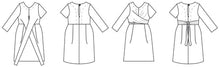 Load image into Gallery viewer, Meridian Dress line drawings of front and back views with sleeve options