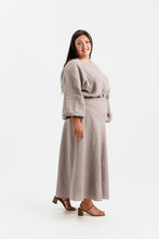Load image into Gallery viewer, Lady wears a long puff sleeve bodice, elasticated waist with bias cut skirt, midi length