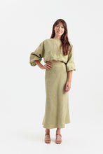 Load image into Gallery viewer, Lady wears a long puff sleeve bodice, elasticated waist with bias cut skirt, midi length