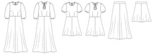 Load image into Gallery viewer, Papercut Lulee Dress and Skirt Line Drawings, front and back views of 3 variations.