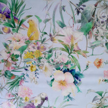 Load image into Gallery viewer, Viscose fabric with print of parrots florals, displayed flat