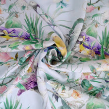 Load image into Gallery viewer, Viscose fabric with print of parrots florals, displayed with central swirl