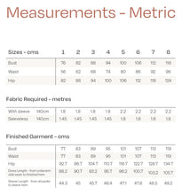 Load image into Gallery viewer, Measurements chart for sizes 1-8 for the Ravine Dress