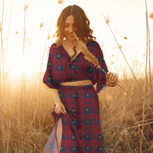 Load image into Gallery viewer, Model wears a wrap over cropped bodice, and long skirt with leg split, digitally made up in Magnetic Organic Cotton Poplin Fabric