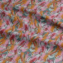 Load image into Gallery viewer, Unique EcoVero Viscose fabric shown with folds in soft drape, with large outlines of hares' heads amongst a backdrop of brushstrokes