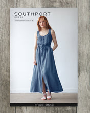 Load image into Gallery viewer, True Bias' Southport Dress Packaging displays lady wearing a button up front tank top with elasticated waist and A-line maxi skirt with split up centre front to knee
