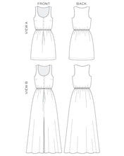 Load image into Gallery viewer, Line Drawings of The Southport Dress, front and back views of short skirt length, and maxi skirt