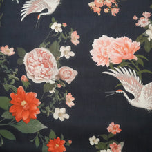 Load image into Gallery viewer, Cotton fabric with oversized blooms, and storks in mid-flight pattern