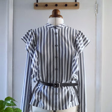Load image into Gallery viewer, Button front blouse with gathered ruffles along princess seams, made up in Sunray Wide Viscose Modal fabric, displayed on mannequin
