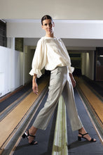 Load image into Gallery viewer, Lady wears a puffed sleeve blouse with tailored straight leg, trousers