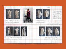 Load image into Gallery viewer, Double page magazine spread features text alongside images of fabric being draped on a mannequin in various ways
