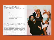 Load image into Gallery viewer, Double page magazine spread with textblock under main headline "Ballroom and Fashion: From Harlem to Down Under"