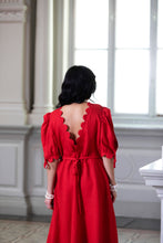 Load image into Gallery viewer, Back view of model wearing a scalloped back V-neckline dress
