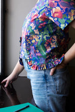 Load image into Gallery viewer, Close up of frill on edge of patch pocket detail on short sleeve shirt.