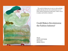 Load image into Gallery viewer, Magazine spread of watercolour lady with a needle and thread, next to an article heading titled "Could Makers Revolutionize the Fashion Industry?"