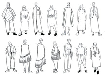Load image into Gallery viewer, Fourteen Line Illustrations of various clothing designs as featured in the magazine