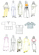 Load image into Gallery viewer, Thirteen line illustrations of various garments