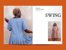 Load image into Gallery viewer, Magazine Spread features a photo of back view fo lady wearing a short sleeve dress with pleated skirt next to title "Swing".