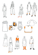 Load image into Gallery viewer, Sixteen line illustrations of various garments