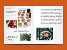 Load image into Gallery viewer, Magazine spread features photos of various mushrooms amongst text with title: "An Introduction to Mushroom Dyeing".