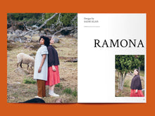 Load image into Gallery viewer, Magazine spread features photo of two ladies standing back to back wearing tops with gathered details, next to article title: "Ramona".