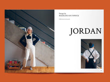 Load image into Gallery viewer, Magazine spread features photo of lady wearing dungarees over a long sleeve top next to the title: "Jordan".