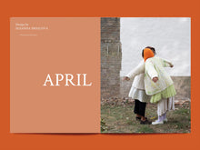 Load image into Gallery viewer, Magazine spread features the title: "April", alongside photo of two ladies pressing chests together, both wearing quilted jackets