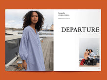 Load image into Gallery viewer, Magazine spread features lady wearing a long stripey sleeve with drop sleeves, puffy at cuff, alongside title: "Departure".
