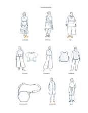 Load image into Gallery viewer, Eleven line drawing illustrations of various garment designs
