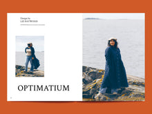 Load image into Gallery viewer, Two page spread, text reads "Optimatium, Design by Liz Haywood" alongside picture of lady wearing check wool coat standing on rocks by the seal