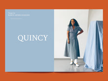 Load image into Gallery viewer, Two page spread. Text reads: "Quincy, Design by Robyn Andrea Burgess" alongside a lady wearing an open collared design flare skirt dress