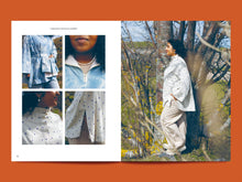 Load image into Gallery viewer, Two page spread features five images of a lady amongst trees, wearing a funnel collared top, images showing various details
